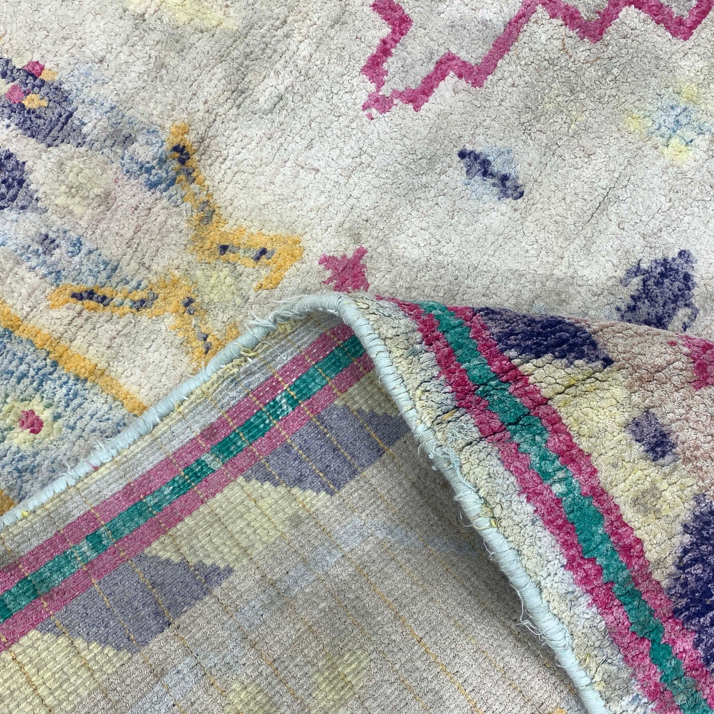 Beige and Multy, Pure Cotton Antique Khotan Handknotted 4.9x7.2Ft 144x219Cms Area Rug