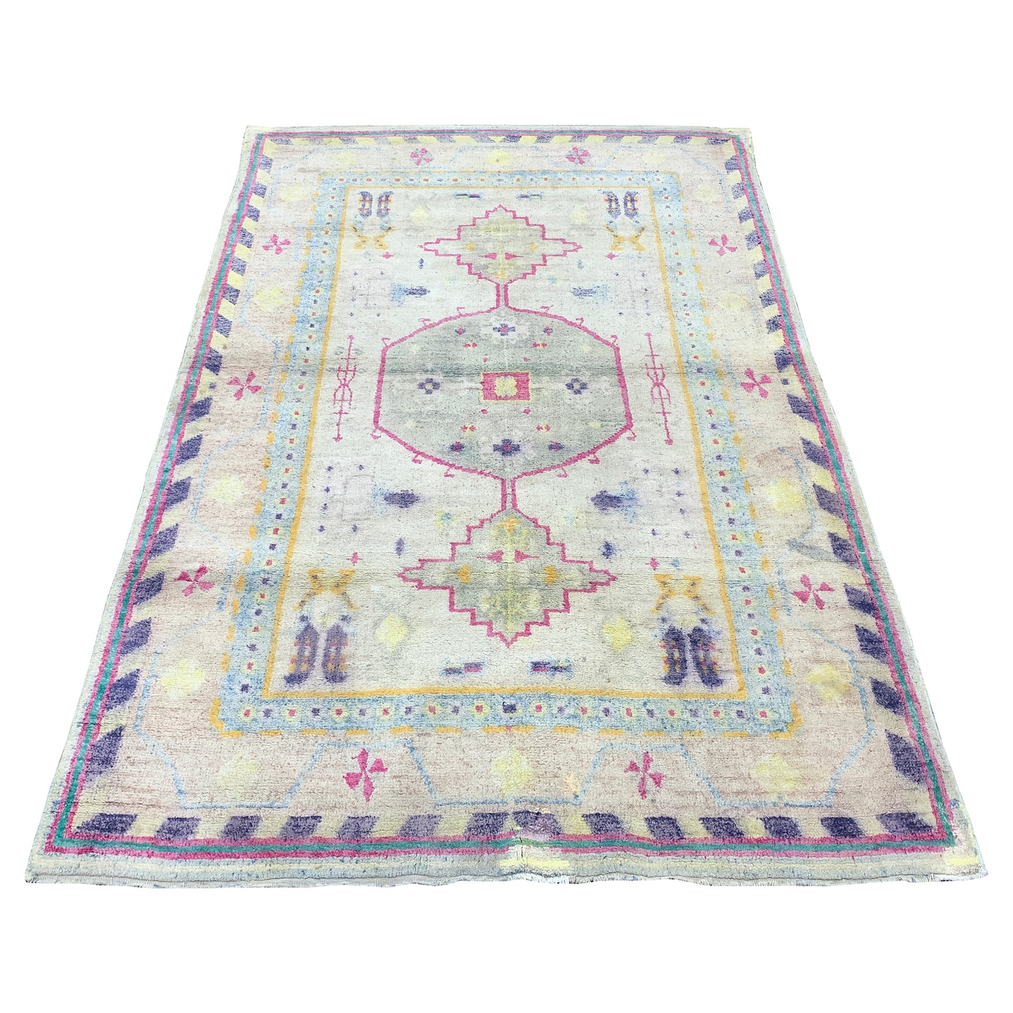 Beige and Multy, Pure Cotton Antique Khotan Handknotted 4.9x7.2Ft 144x219Cms Area Rug