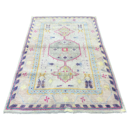 Beige and Multy, Pure Cotton Antique Khotan Handknotted 4.9x7.2Ft 144x219Cms Area Rug
