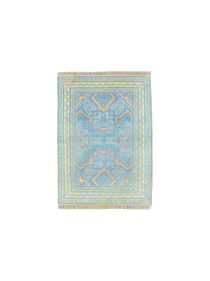 Blue and Orange, Pure Cotton Antique Khotan Handknotted 4.0x6.8Ft 122x203Cms Area Rug