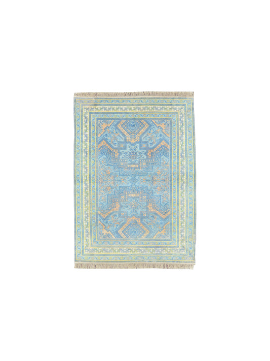 Blue and Orange, Pure Cotton Antique Khotan Handknotted 4.0x6.8Ft 122x203Cms Area Rug