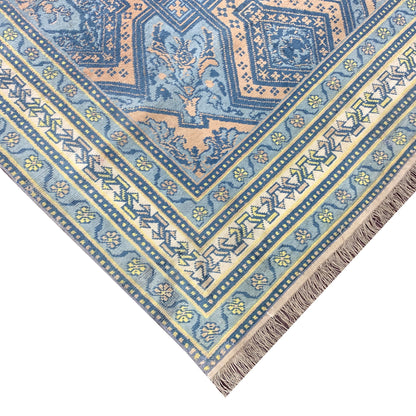 Blue and Orange, Pure Cotton Antique Khotan Handknotted 4.0x6.8Ft 122x203Cms Area Rug