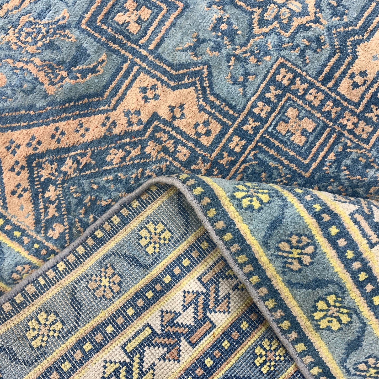 Blue and Orange, Pure Cotton Antique Khotan Handknotted 4.0x6.8Ft 122x203Cms Area Rug