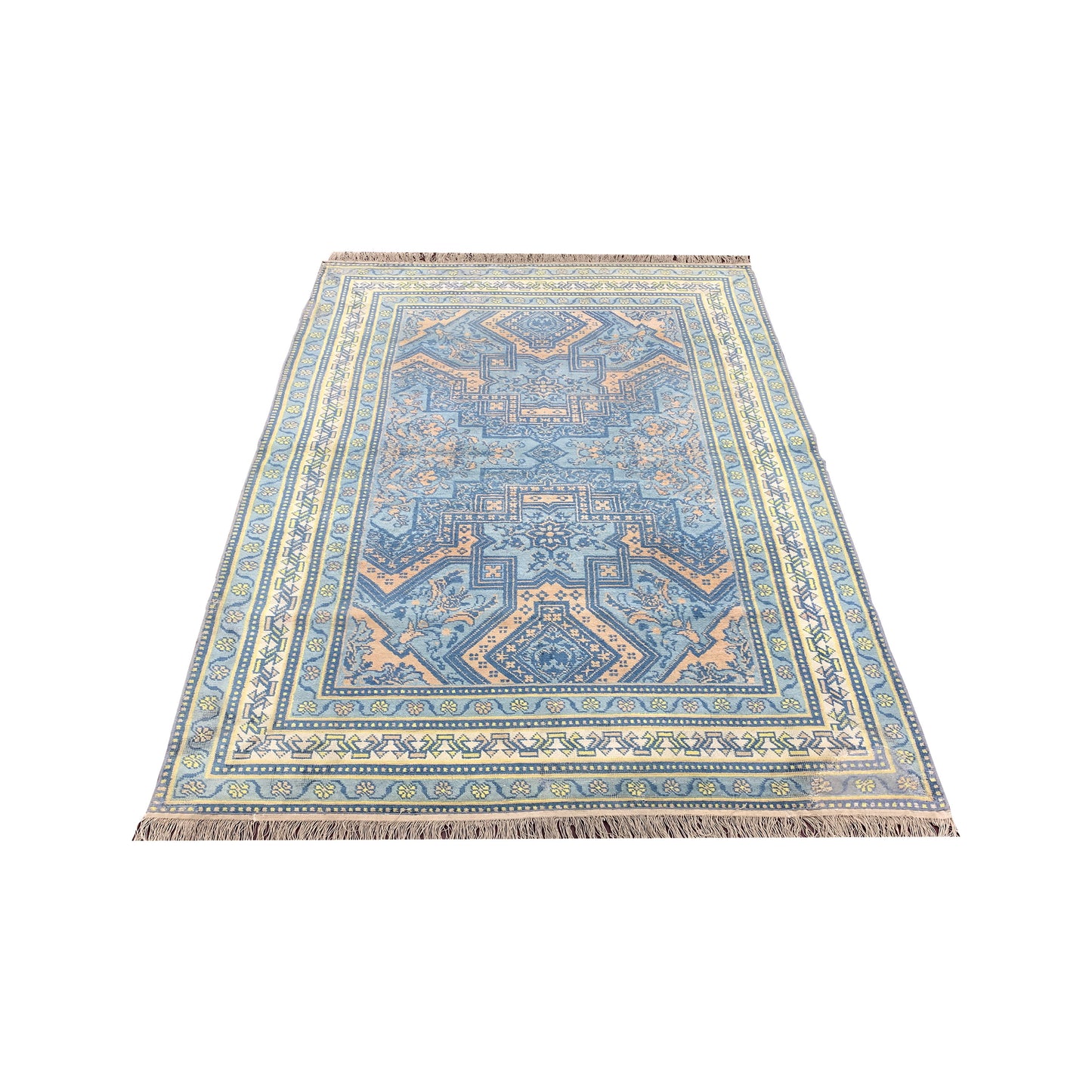 Blue and Orange, Pure Cotton Antique Khotan Handknotted 4.0x6.8Ft 122x203Cms Area Rug