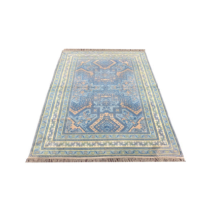Blue and Orange, Pure Cotton Antique Khotan Handknotted 4.0x6.8Ft 122x203Cms Area Rug
