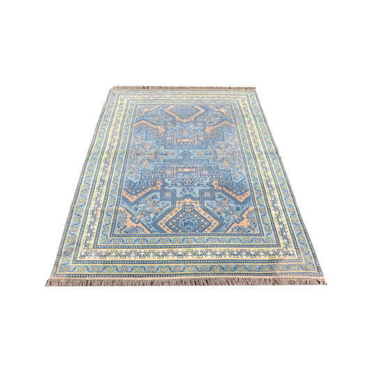Blue and Orange, Pure Cotton Antique Khotan Handknotted 4.0x6.8Ft 122x203Cms Area Rug