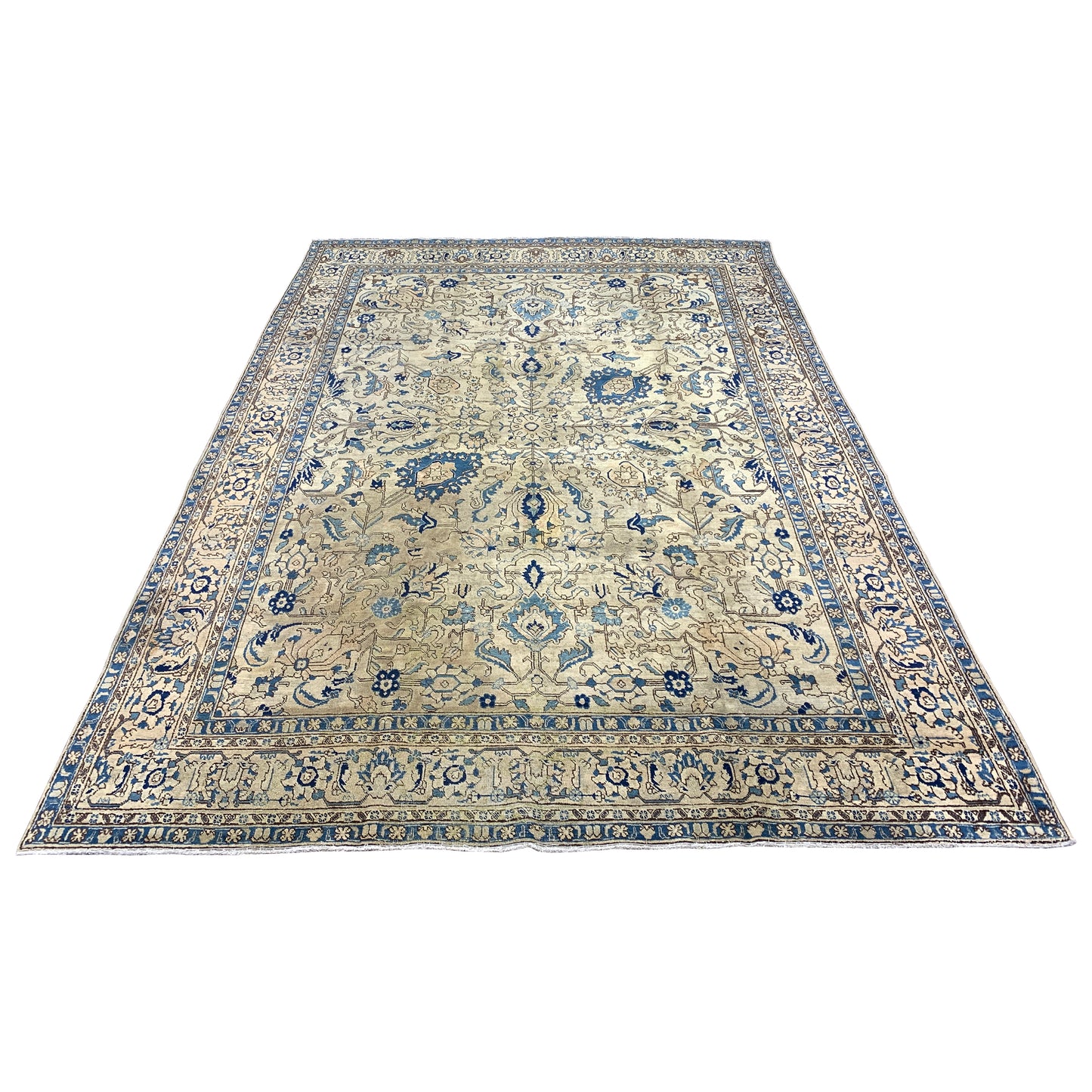 Blue and Camel, Pure Wool Antique Khotan Handknotted 8.0x11.5Ft 244x347Cms Area Rug