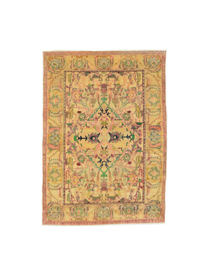 Yellow and Green, Pure Wool Antique Khotan Handknotted 6.1x8.6Ft 186x208Cms Area Rug