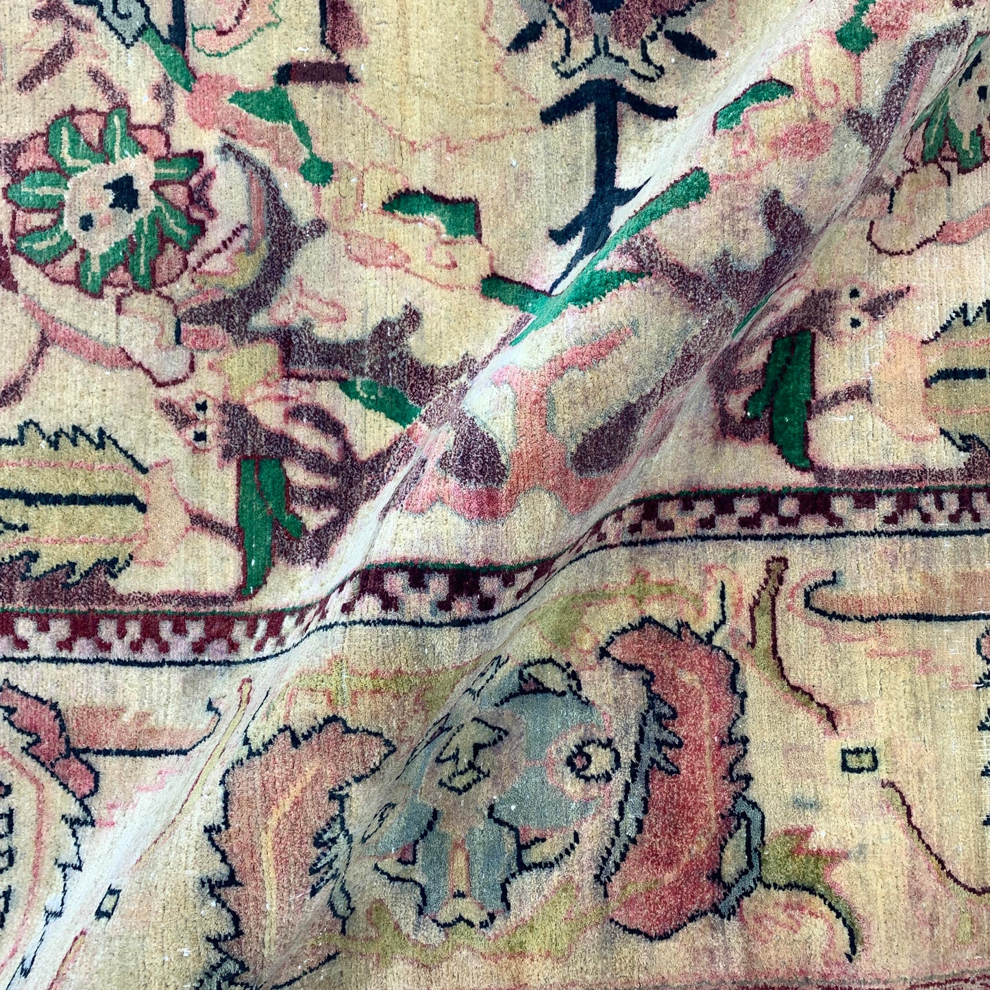 Yellow and Green, Pure Wool Antique Khotan Handknotted 6.1x8.6Ft 186x208Cms Area Rug