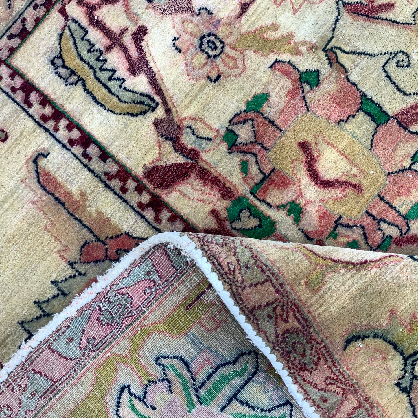 Yellow and Green, Pure Wool Antique Khotan Handknotted 6.1x8.6Ft 186x208Cms Area Rug