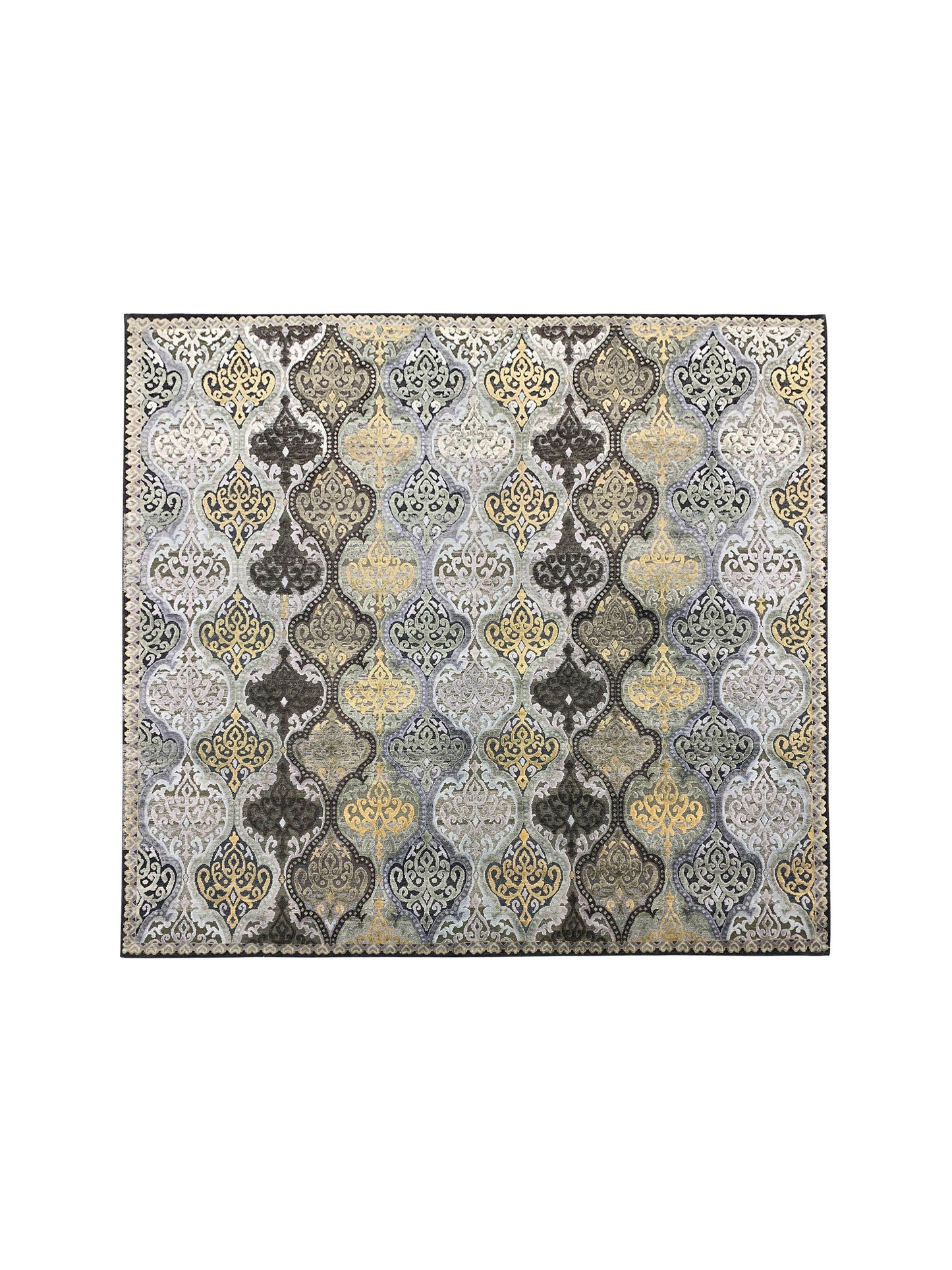 Gold and Silver, Silk and Wool Oxidized Assorted Transitional Damask Handknotted 7.7x7.11Ft 233x243Cms Area Rug