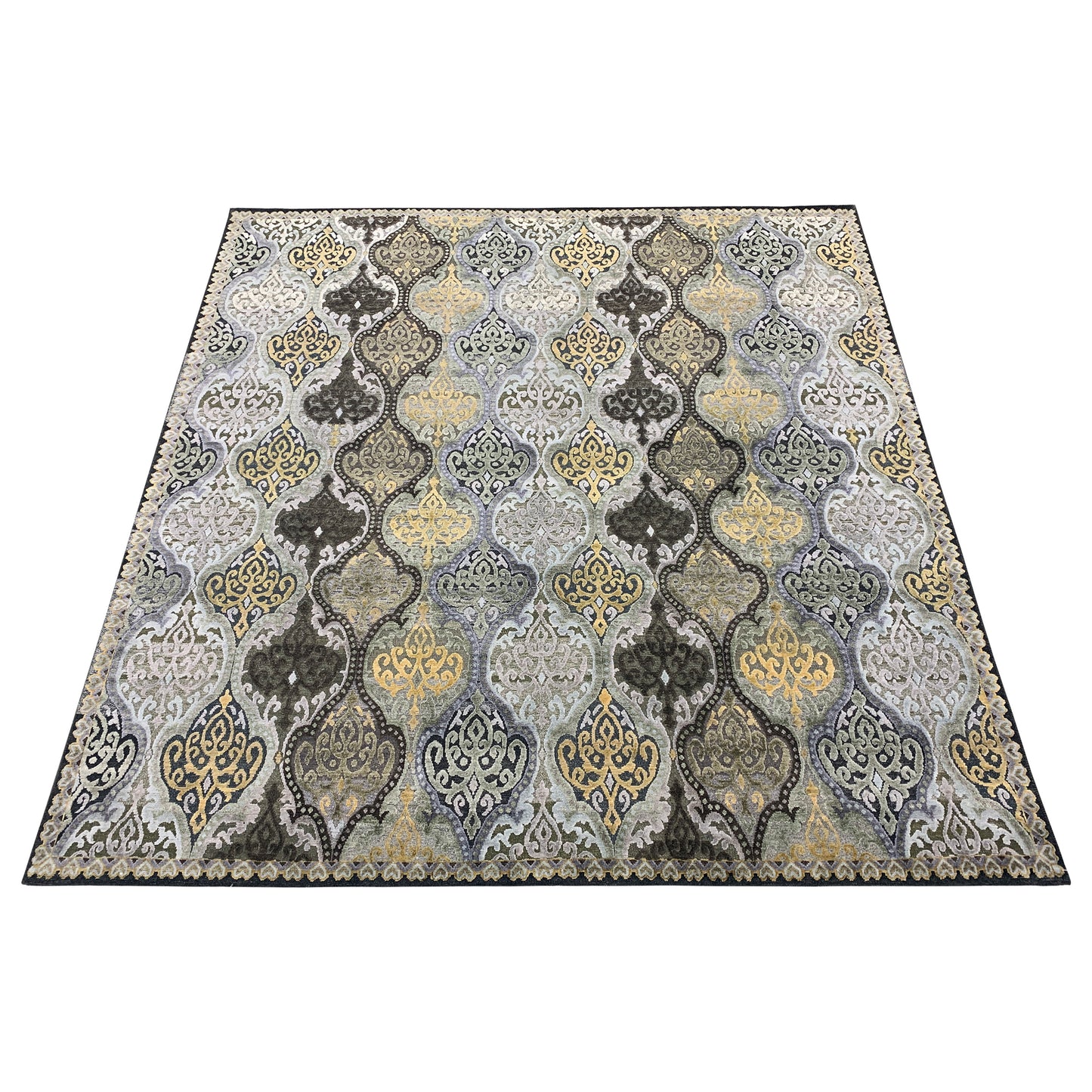 Gold and Silver, Silk and Wool Oxidized Assorted Transitional Damask Handknotted 7.7x7.11Ft 233x243Cms Area Rug