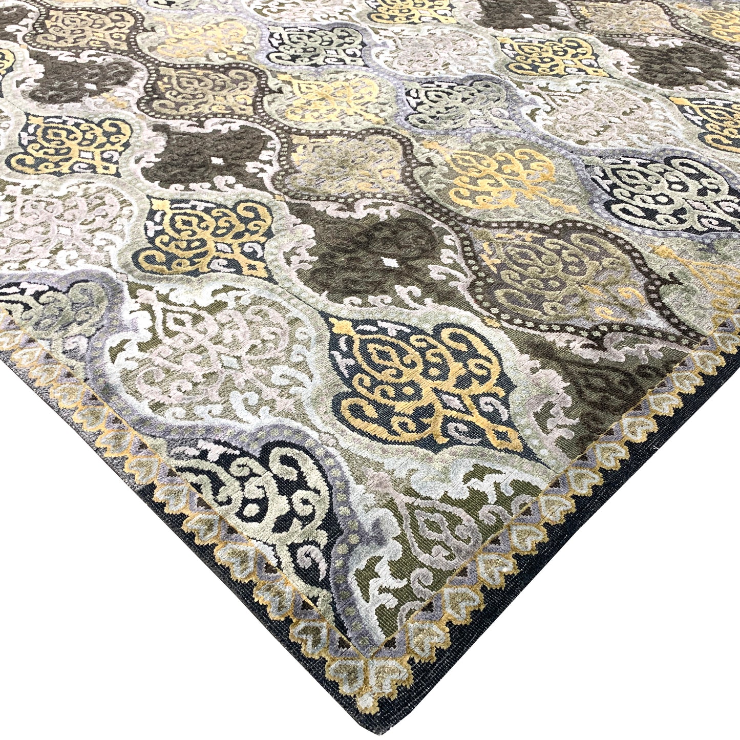Gold and Silver, Silk and Wool Oxidized Assorted Transitional Damask Handknotted 7.7x7.11Ft 233x243Cms Area Rug
