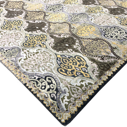 Gold and Silver, Silk and Wool Oxidized Assorted Transitional Damask Handknotted 7.7x7.11Ft 233x243Cms Area Rug