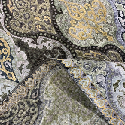 Gold and Silver, Silk and Wool Oxidized Assorted Transitional Damask Handknotted 7.7x7.11Ft 233x243Cms Area Rug