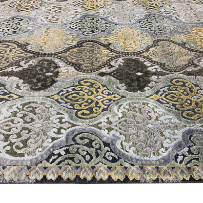Gold and Silver, Silk and Wool Oxidized Assorted Transitional Damask Handknotted 7.7x7.11Ft 233x243Cms Area Rug