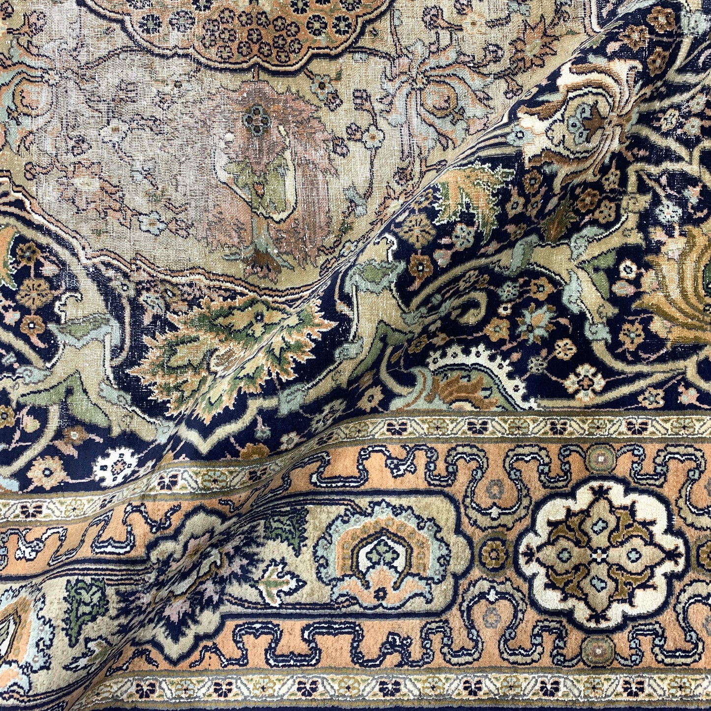 Black and Green, Pure Wool Antique Khotan Handknotted 6.1x9.7Ft 185x290Cms Area Rug