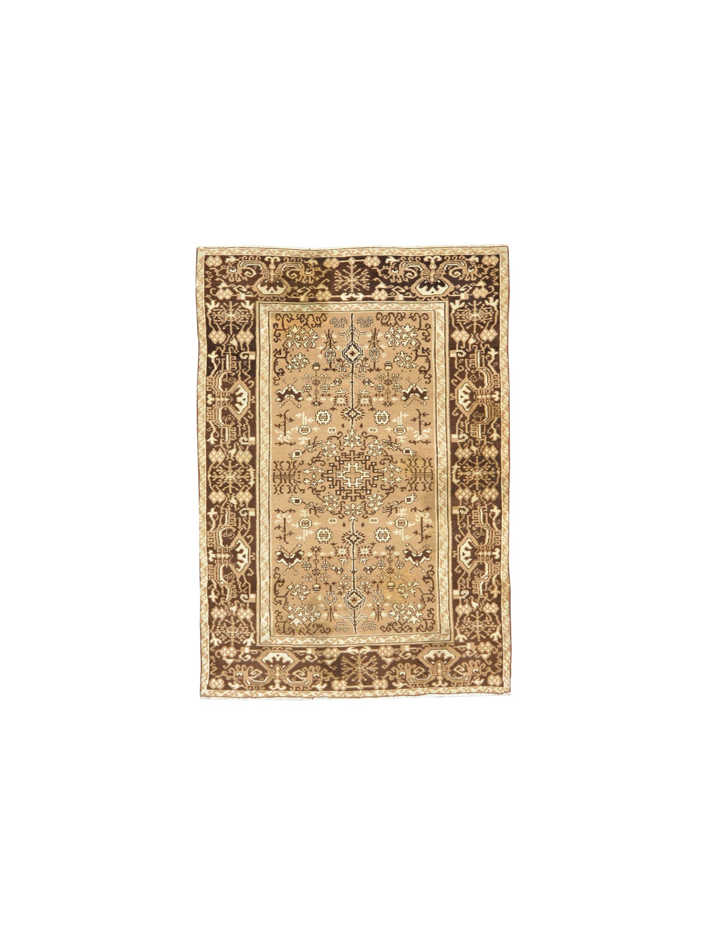 Brown and Camel, Pure Cotton Antique Khotan Handknotted 4.5x6.3Ft 134x190Cms Area Rug