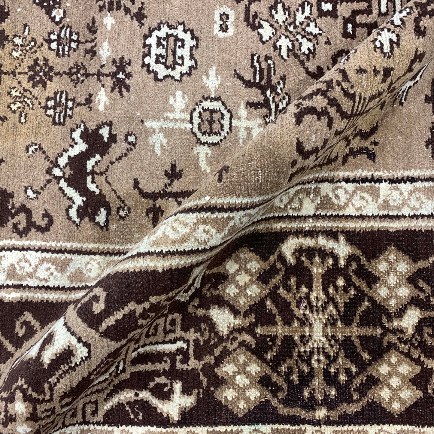 Brown and Camel, Pure Cotton Antique Khotan Handknotted 4.5x6.3Ft 134x190Cms Area Rug