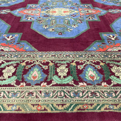 Blue and Magenta, Pure Wool Antique Tebriz Khotan Handknotted 7.2X12.0Ft 280X390Cms Area Rug