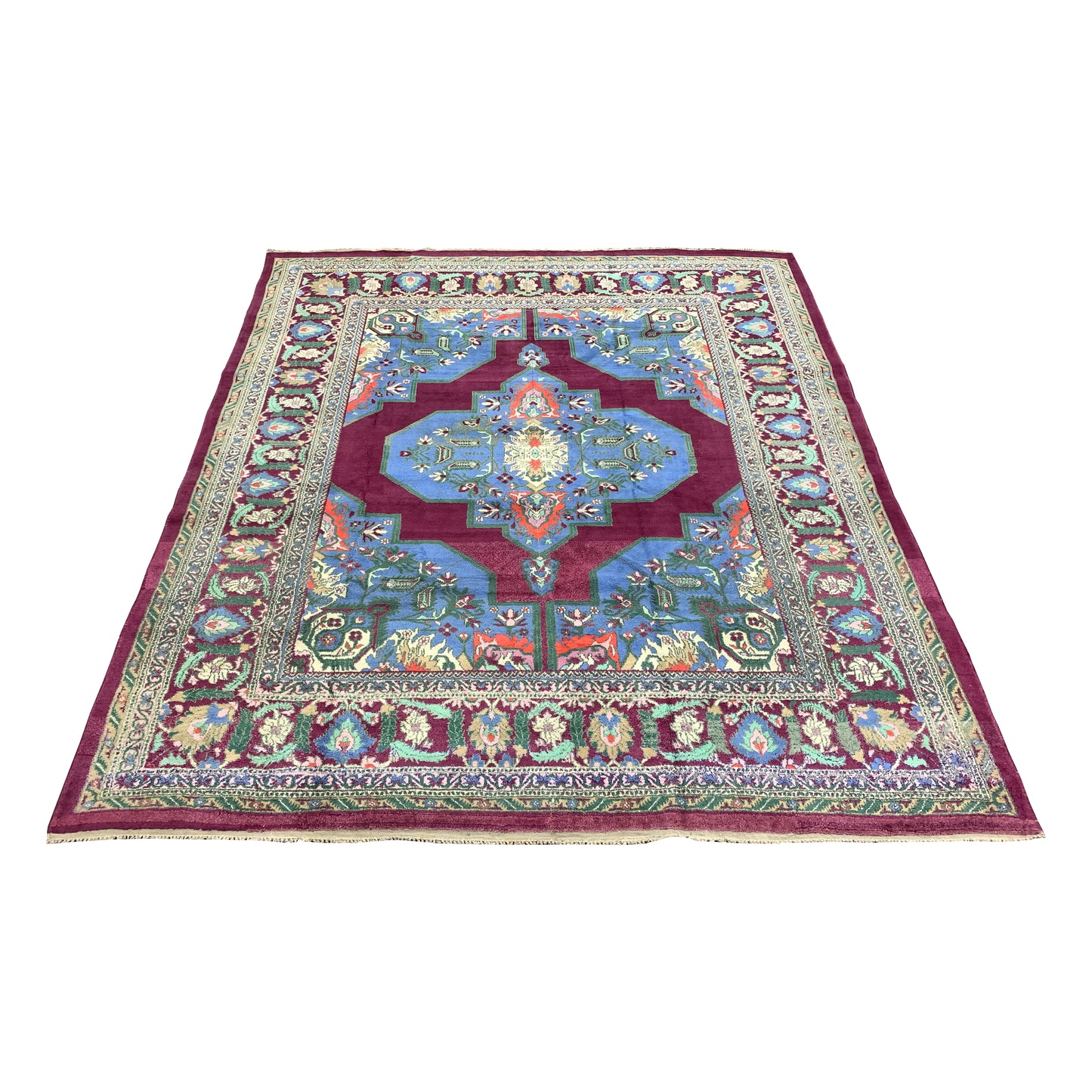 Blue and Magenta, Pure Wool Antique Tebriz Khotan Handknotted 7.2X12.0Ft 280X390Cms Area Rug