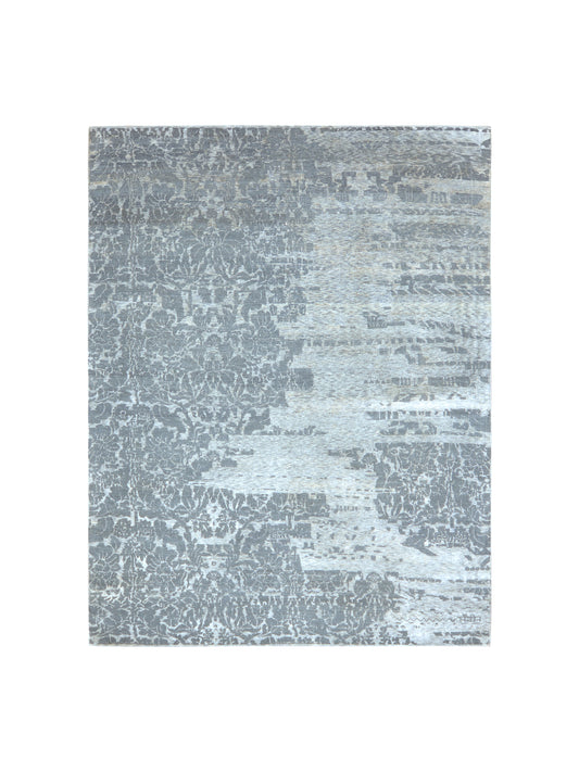 Grey and Silver, Silk and Wool Modern Handknotted 7.9x10.1Ft 240x306Cms Area Rug