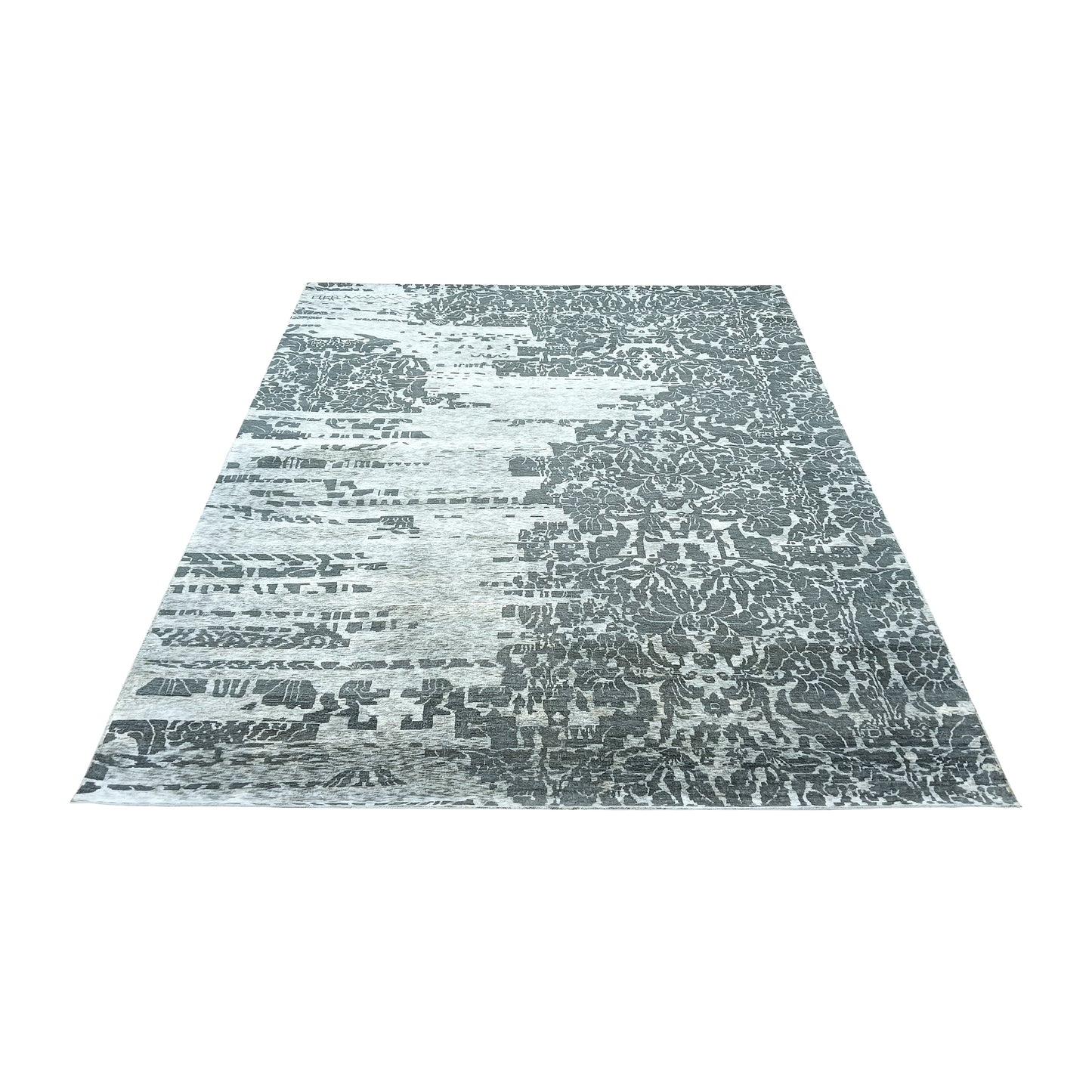 Grey and Silver, Silk and Wool Modern Handknotted 7.9x10.1Ft 240x306Cms Area Rug