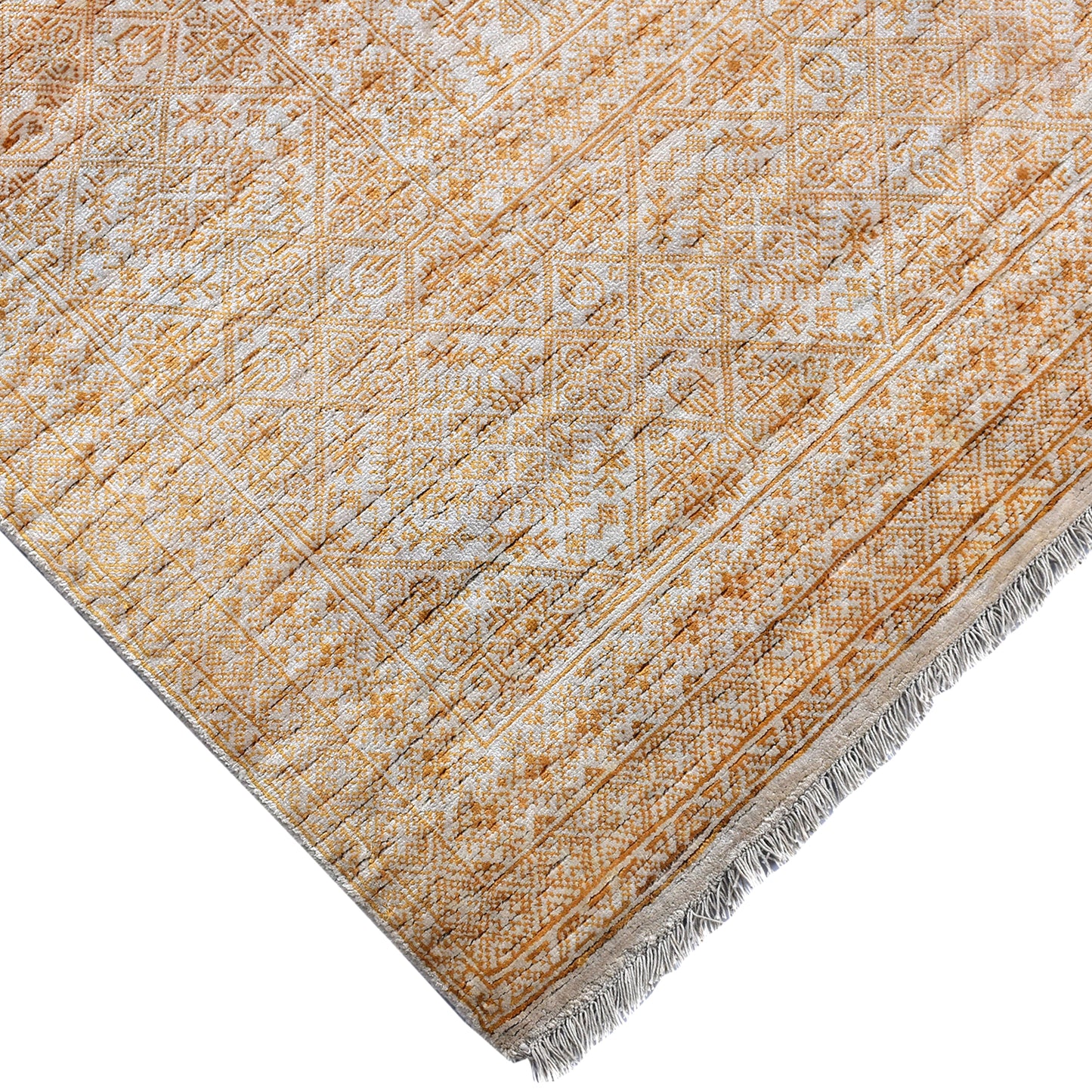 Ivory and Gold Pure Viscose Traditional Handknotted Area Rug