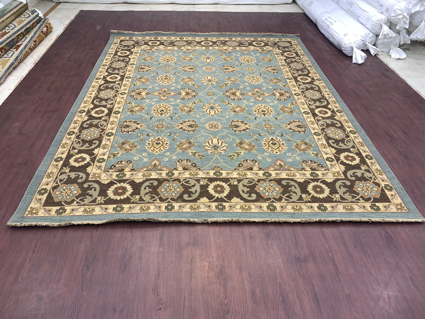 L.Blue Pure Wool Traditional Soumak Area Rug 8.2x10.2ft 248x310Cms