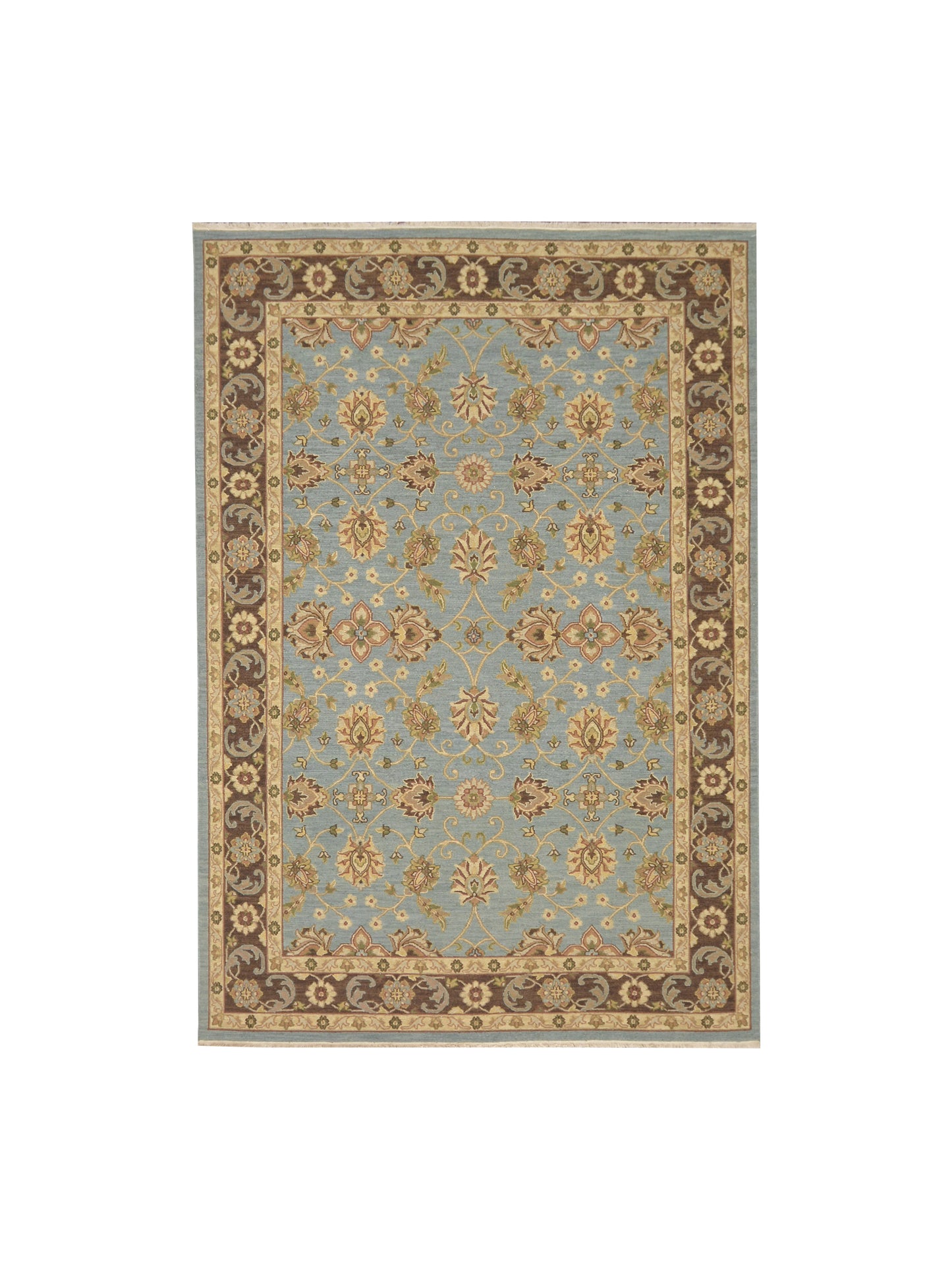 L.Blue and Brown, Pure Wool Lo-Pile Traditional Soumak Handknotted 6.1x8.11Ft 185x270Cms Area Rug