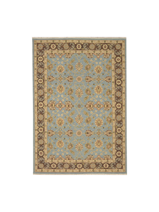 L.Blue and Brown, Pure Wool Lo-Pile Traditional Soumak Handknotted 6.1x8.11Ft 185x270Cms Area Rug