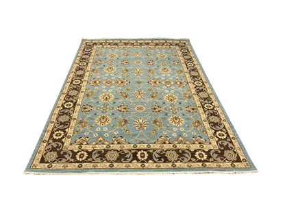L.Blue and Brown, Pure Wool Lo-Pile Traditional Soumak Handknotted 6.1x8.11Ft 185x270Cms Area Rug