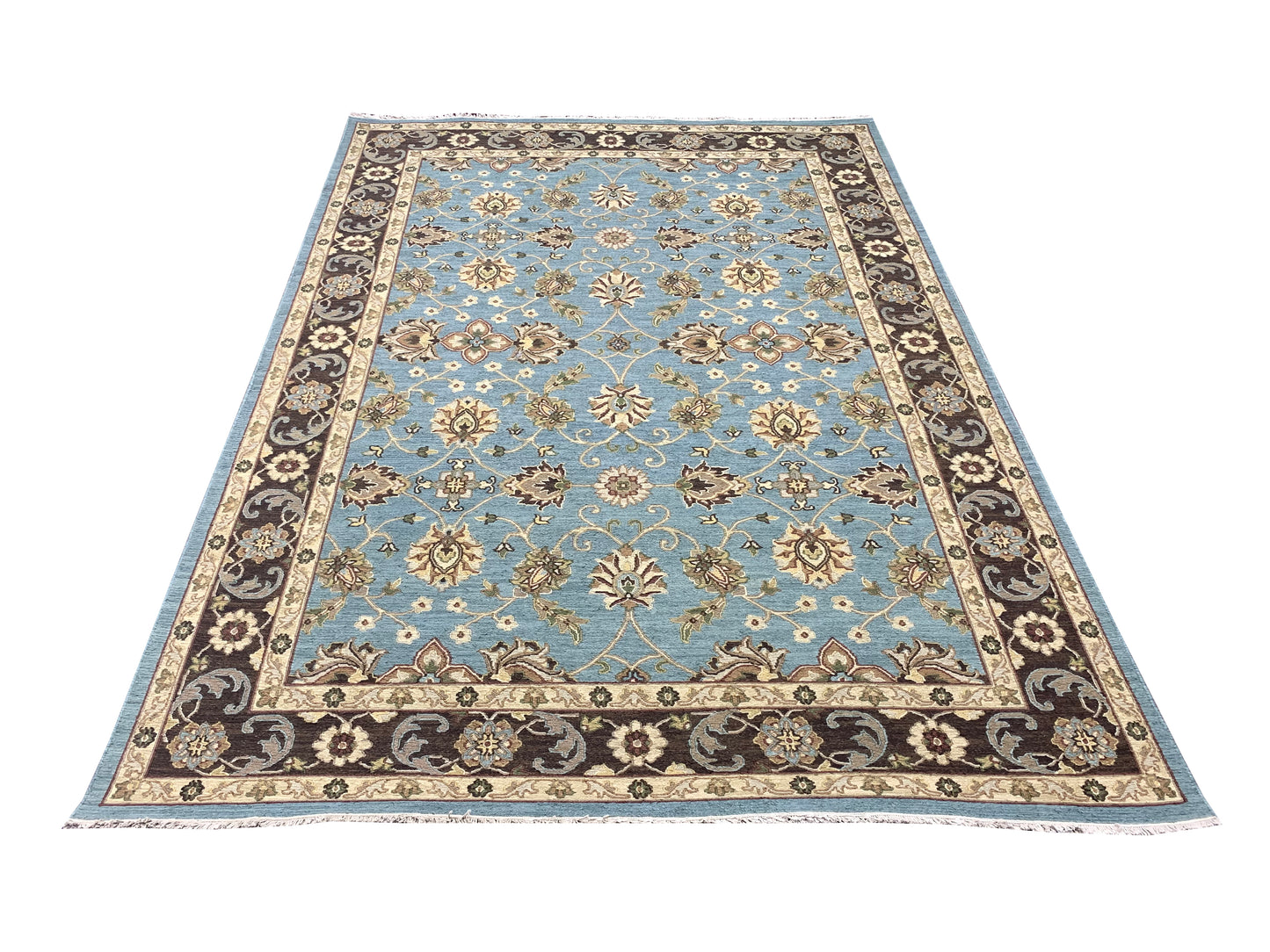 L.Blue and Brown, Pure Wool Lo-Pile Traditional Soumak Handknotted 6.1x8.11Ft 185x270Cms Area Rug