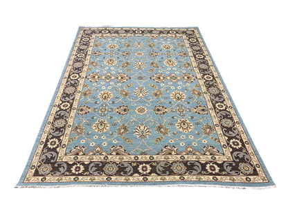 L.Blue and Brown, Pure Wool Lo-Pile Traditional Soumak Handknotted 6.1x8.11Ft 185x270Cms Area Rug