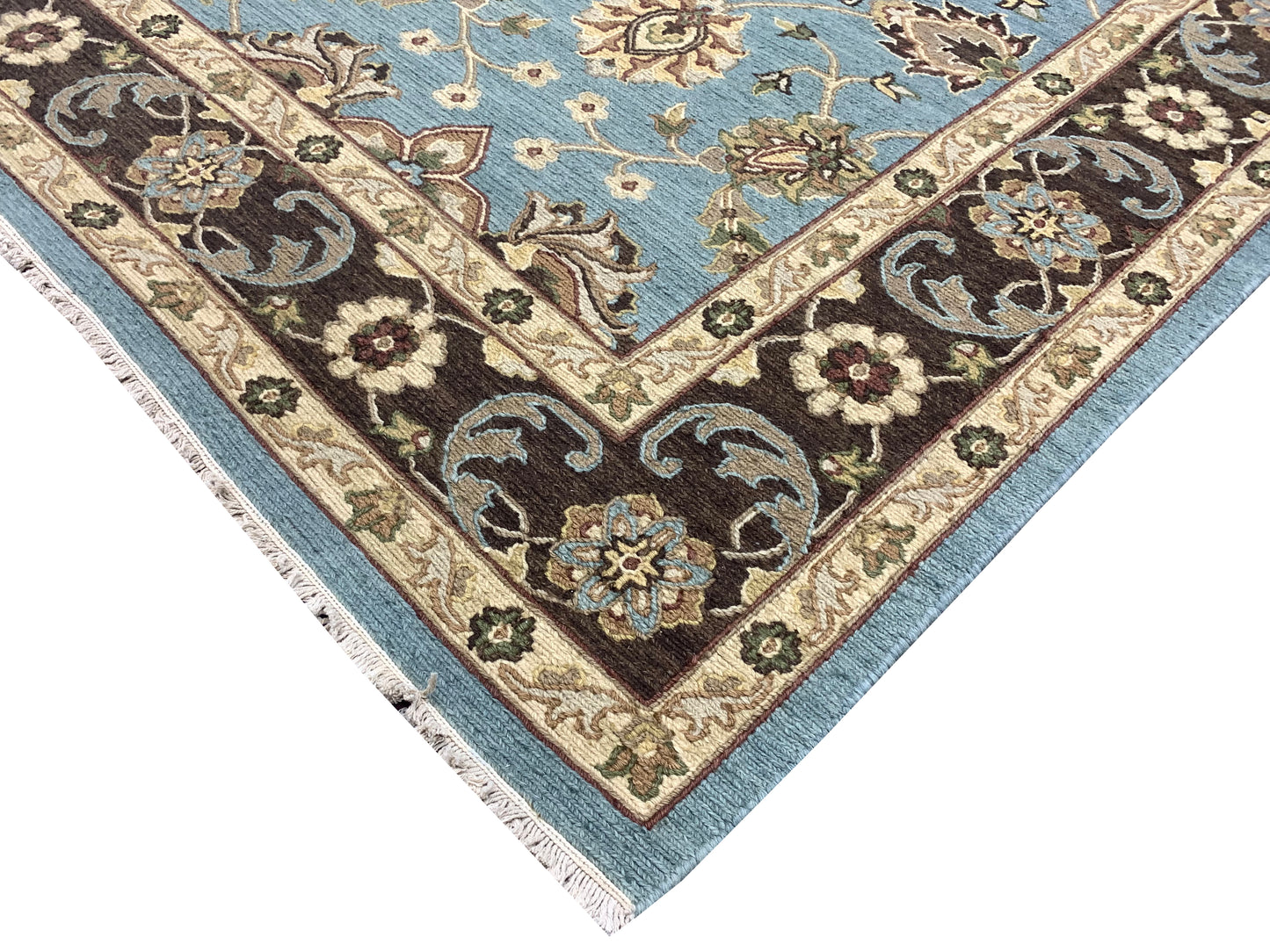 L.Blue and Brown, Pure Wool Lo-Pile Traditional Soumak Handknotted 6.1x8.11Ft 185x270Cms Area Rug