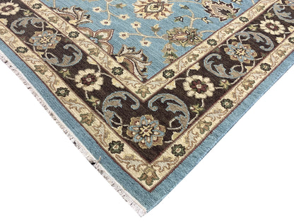 L.Blue and Brown, Pure Wool Lo-Pile Traditional Soumak Handknotted 6.1x8.11Ft 185x270Cms Area Rug