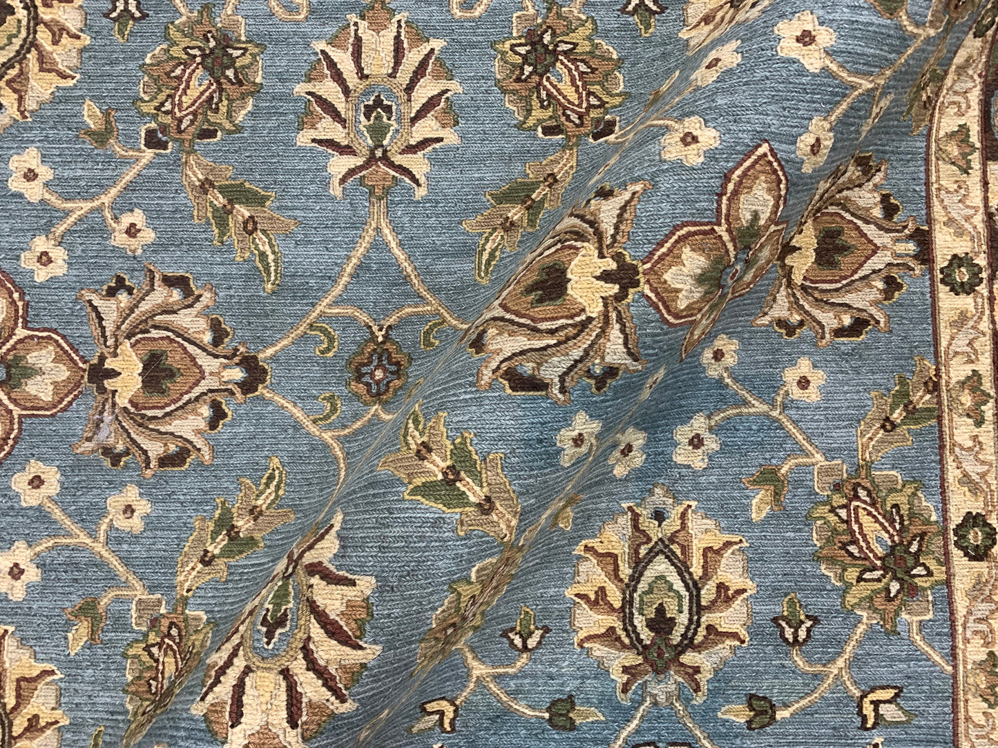 L.Blue and Brown, Pure Wool Lo-Pile Traditional Soumak Handknotted 6.1x8.11Ft 185x270Cms Area Rug