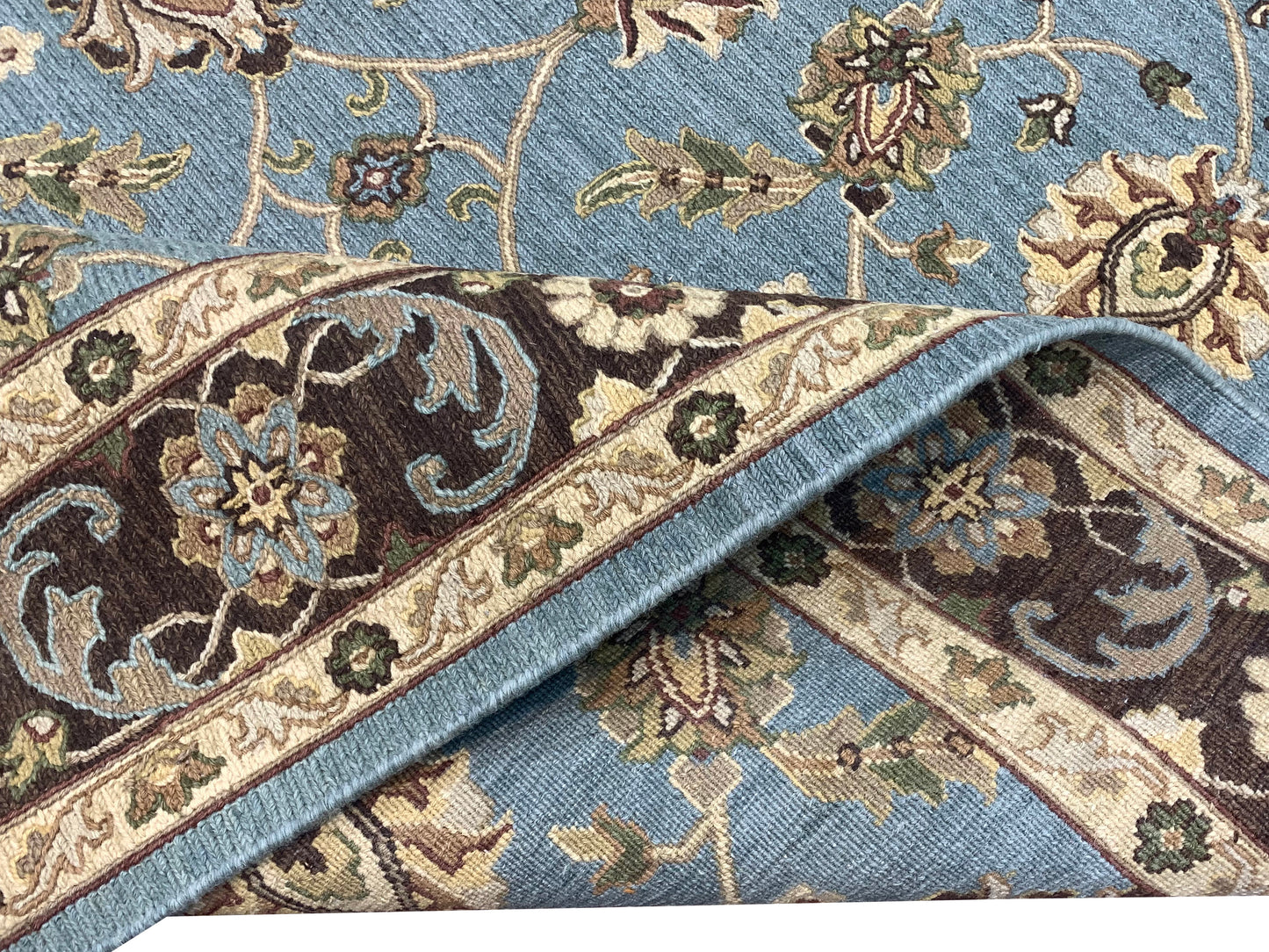 L.Blue and Brown, Pure Wool Lo-Pile Traditional Soumak Handknotted 6.1x8.11Ft 185x270Cms Area Rug