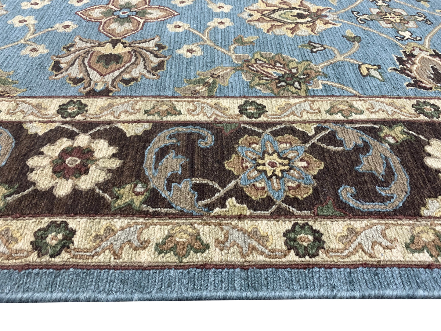 L.Blue and Brown, Pure Wool Lo-Pile Traditional Soumak Handknotted 6.1x8.11Ft 185x270Cms Area Rug