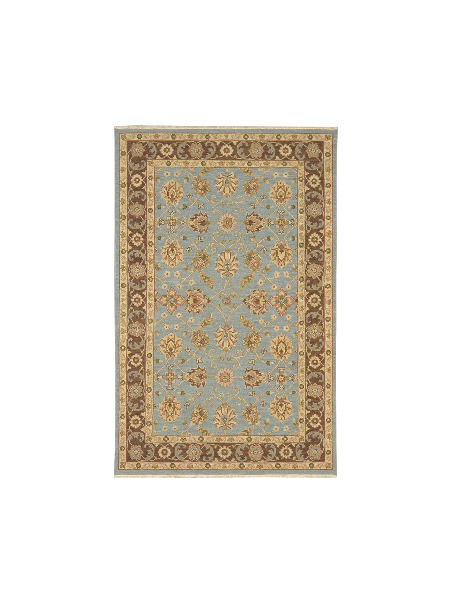 Camel and L.Blue, Pure Wool Lo-Pile Traditional Soumak Handknotted 5.1x7.11Ft 155x240Cms Area Rug