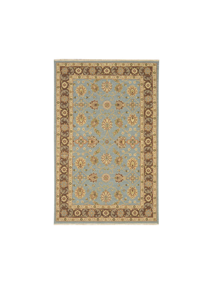 Camel and L.Blue, Pure Wool Lo-Pile Traditional Soumak Handknotted 5.1x7.11Ft 155x240Cms Area Rug