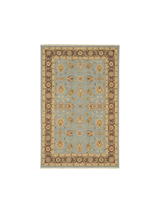 Camel and L.Blue, Pure Wool Lo-Pile Traditional Soumak Handknotted 5.1x7.11Ft 155x240Cms Area Rug