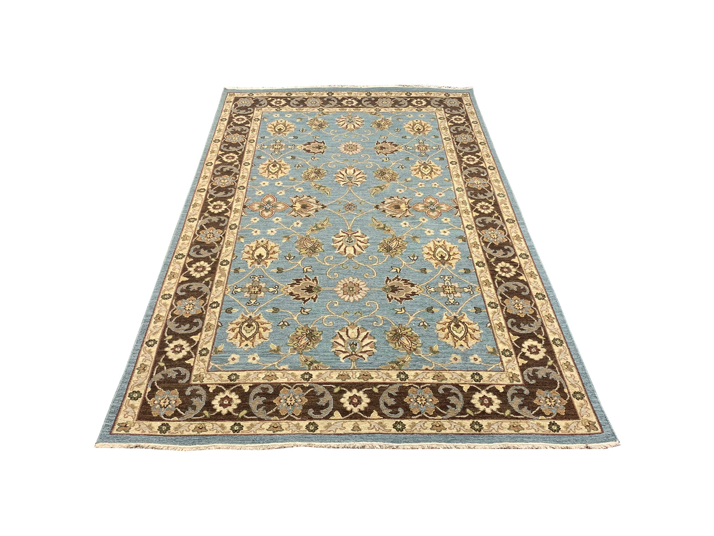 Camel and L.Blue, Pure Wool Lo-Pile Traditional Soumak Handknotted 5.1x7.11Ft 155x240Cms Area Rug