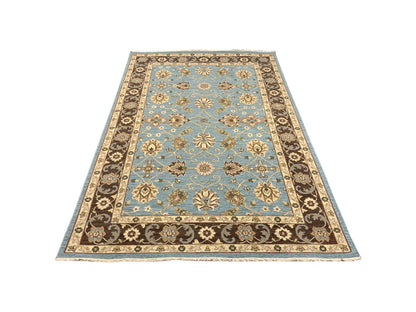 Camel and L.Blue, Pure Wool Lo-Pile Traditional Soumak Handknotted 5.1x7.11Ft 155x240Cms Area Rug