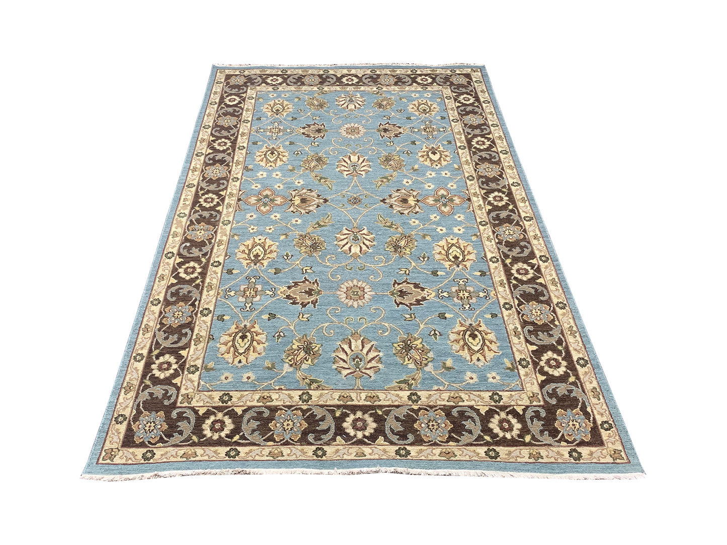 Camel and L.Blue, Pure Wool Lo-Pile Traditional Soumak Handknotted 5.1x7.11Ft 155x240Cms Area Rug