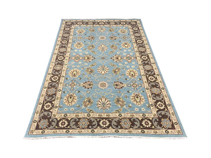 Camel and L.Blue, Pure Wool Lo-Pile Traditional Soumak Handknotted 5.1x7.11Ft 155x240Cms Area Rug