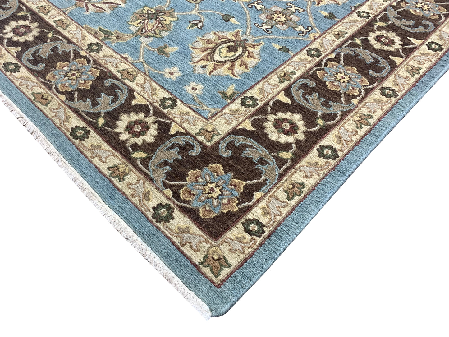 Camel and L.Blue, Pure Wool Lo-Pile Traditional Soumak Handknotted 5.1x7.11Ft 155x240Cms Area Rug
