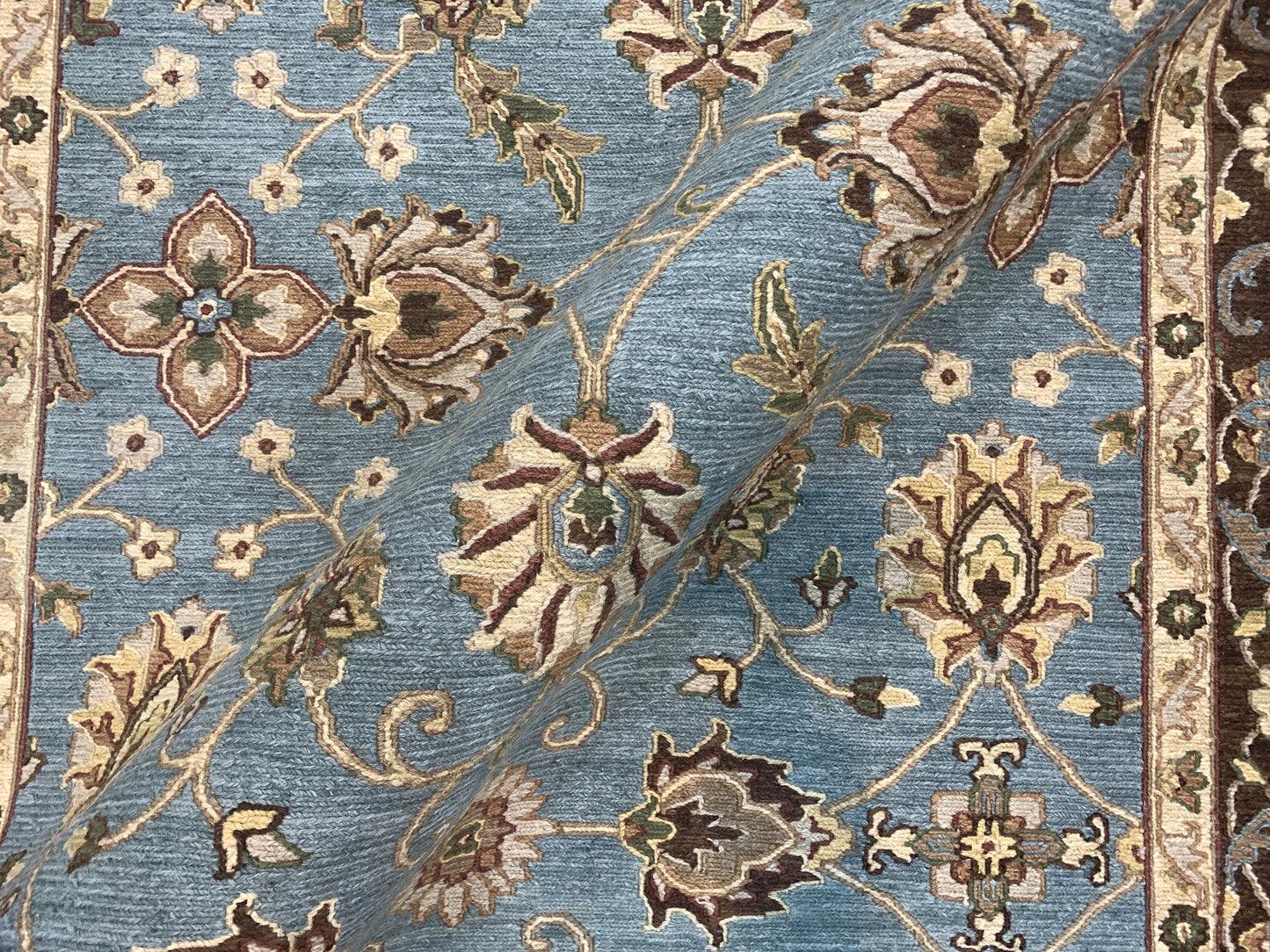 Camel and L.Blue, Pure Wool Lo-Pile Traditional Soumak Handknotted 5.1x7.11Ft 155x240Cms Area Rug