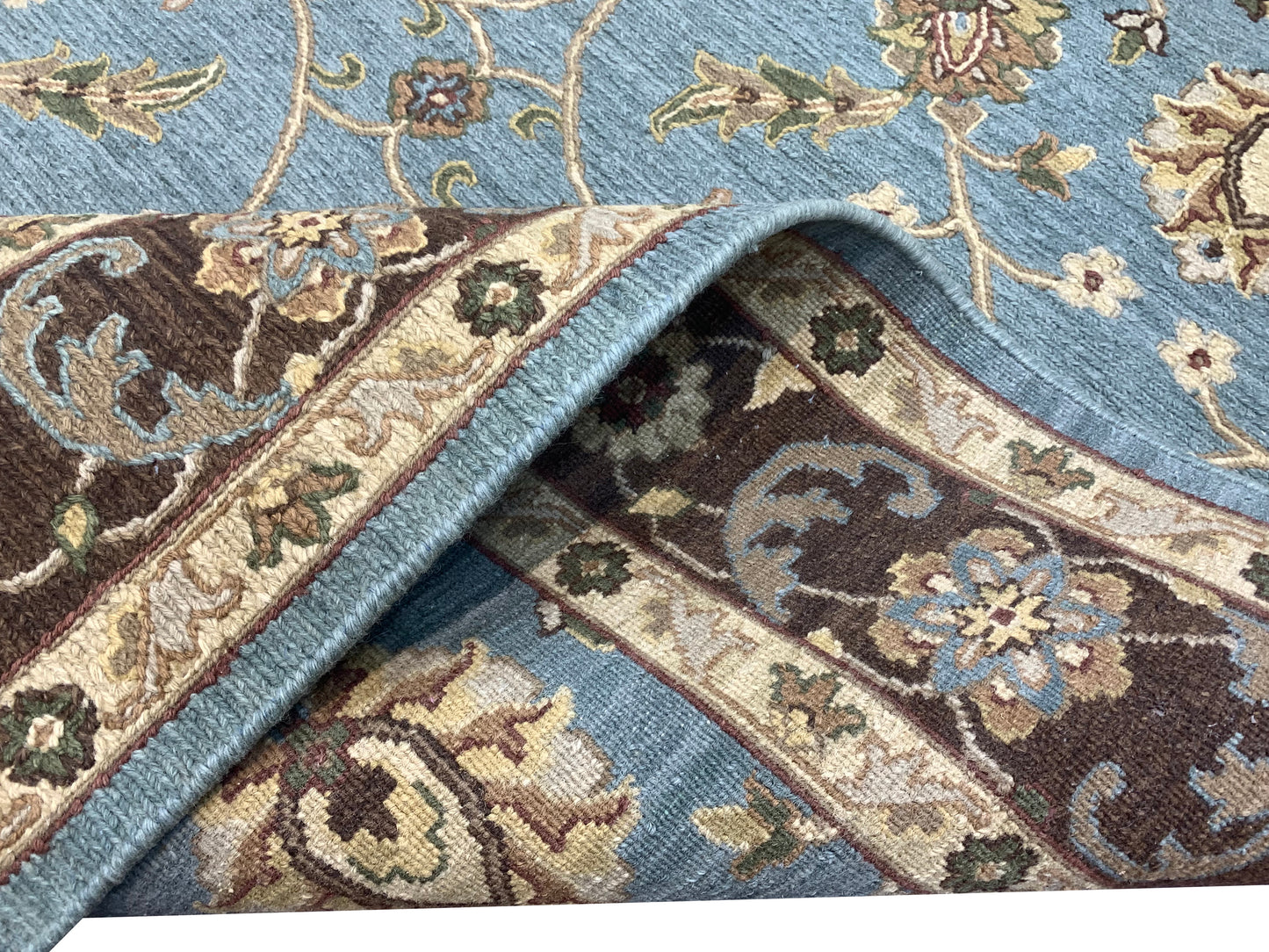 Camel and L.Blue, Pure Wool Lo-Pile Traditional Soumak Handknotted 5.1x7.11Ft 155x240Cms Area Rug