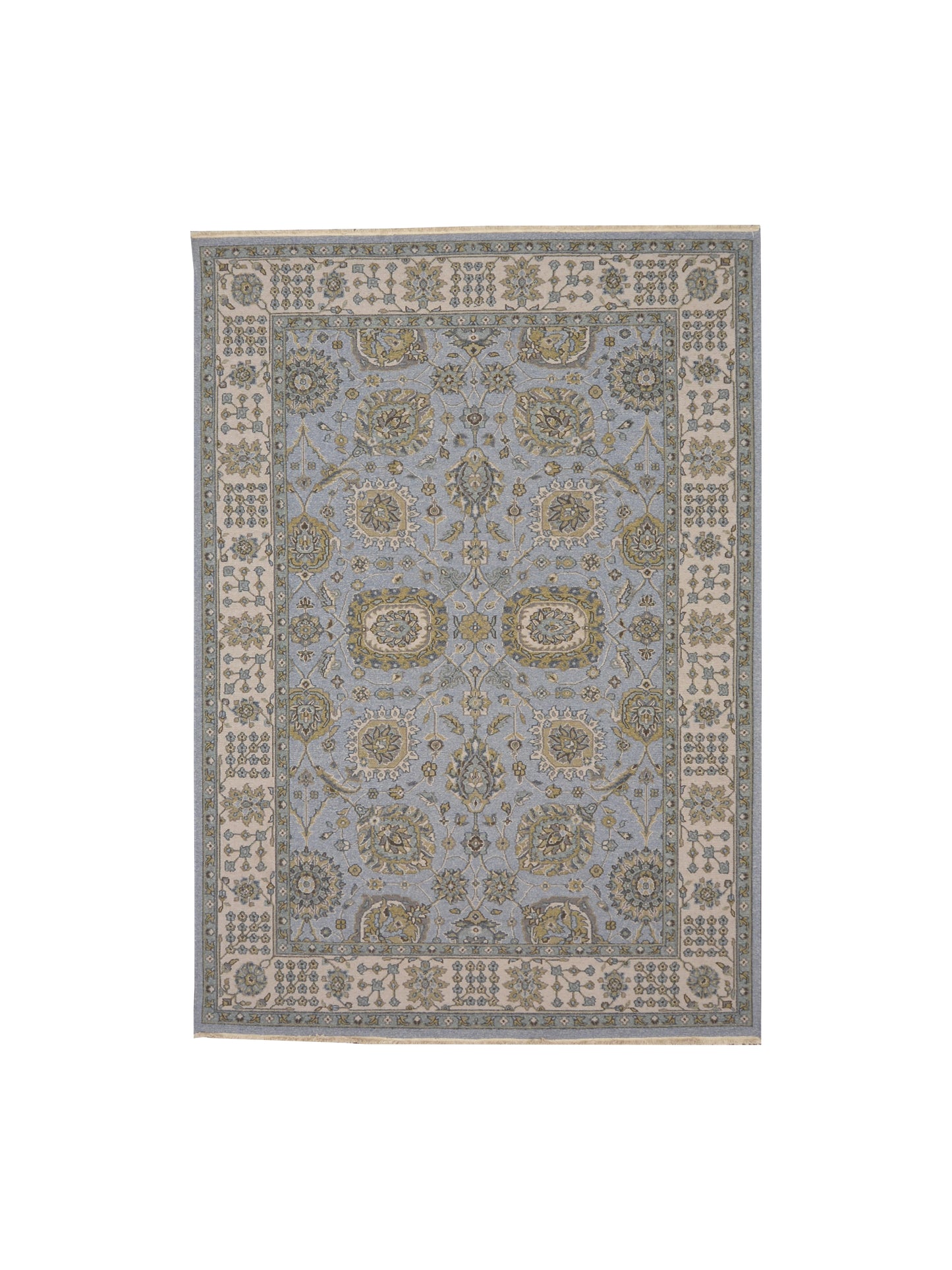 L.Blue and Ivory, Pure Wool Lo-Pile Traditional Soumak Handknotted 6.2x8.9Ft 189x266Cms Area Rug
